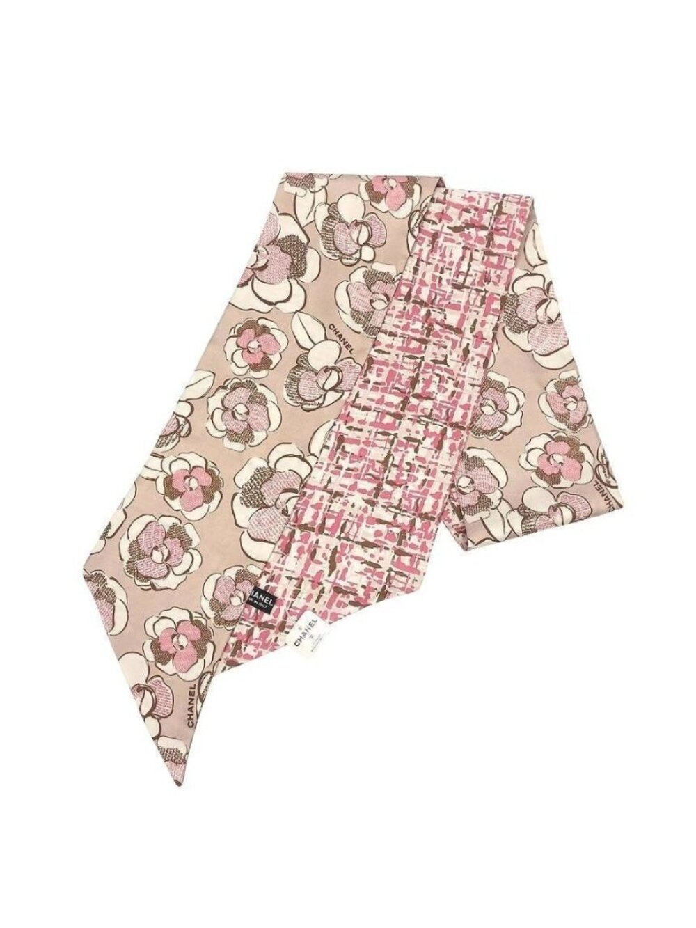 Chanel Thai Scarf Ribbon Camellia Tweed Flower Pink Beige Reversible Silk